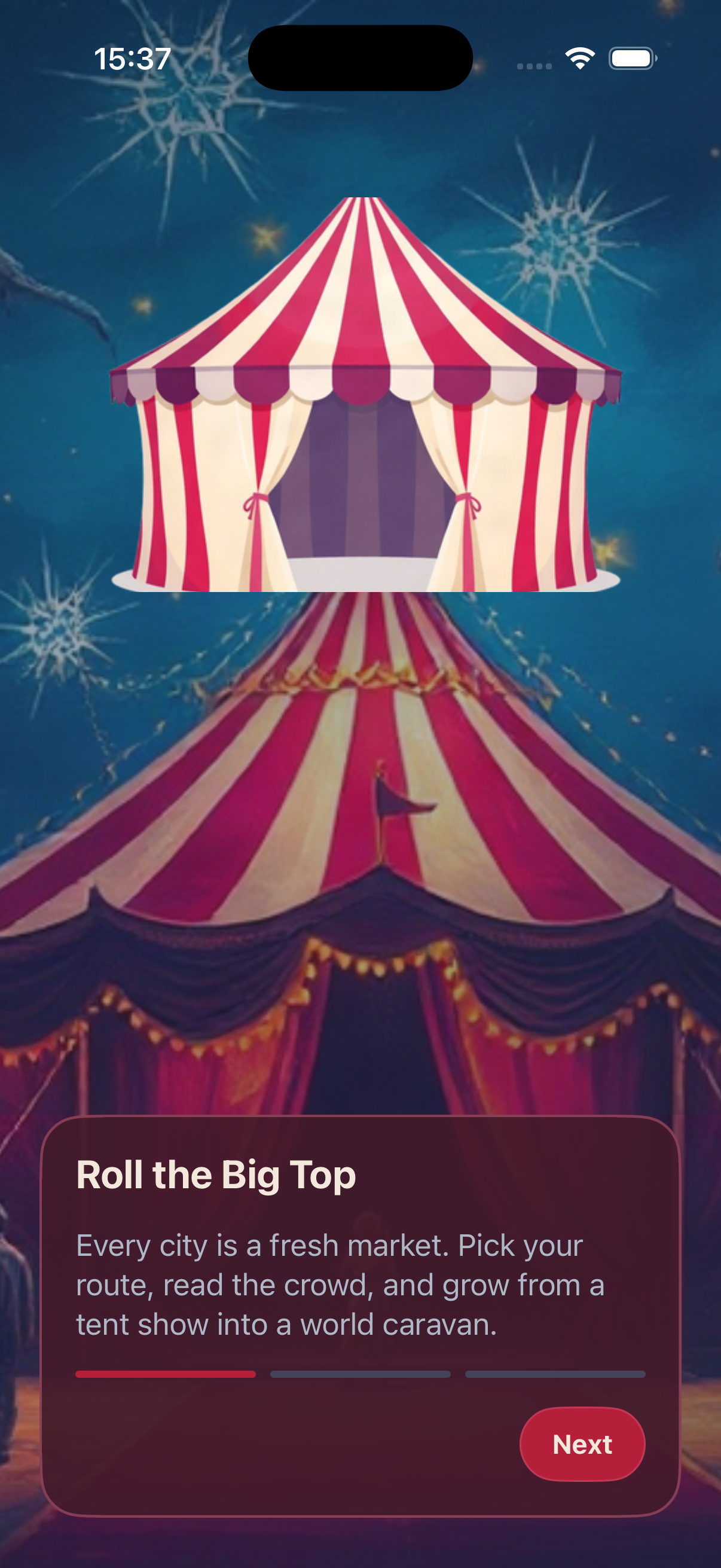 Traveling Circus onboarding welcome screen